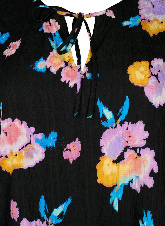 Jurk met korte pofmouwen en bloemenprint, Black w. flower AOP, Packshot image number 2