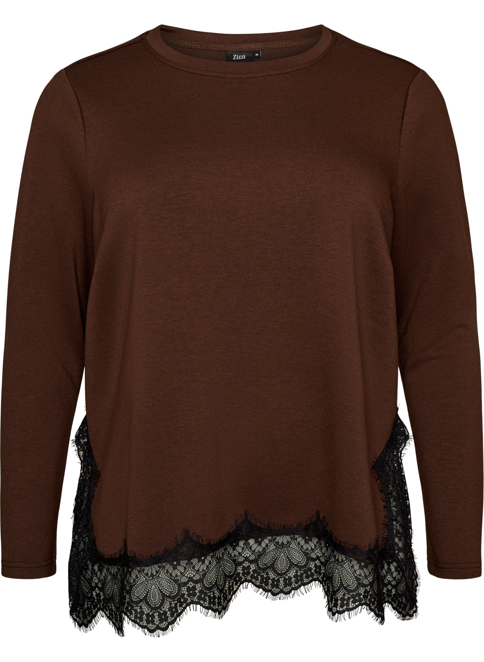 ZizziJersey blouse met kanten rand, Bruin, Packshot image number 0