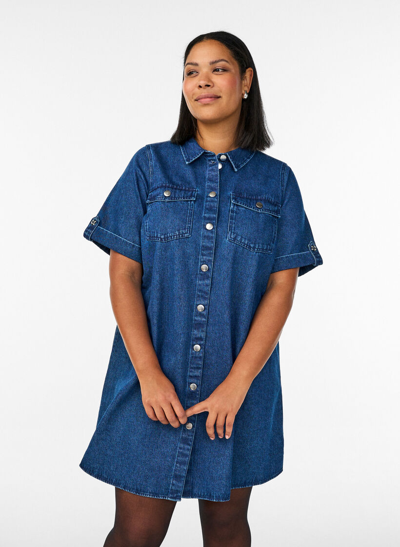 Denimjurk met korte mouwen en knopen, Blauw, Model image number 0