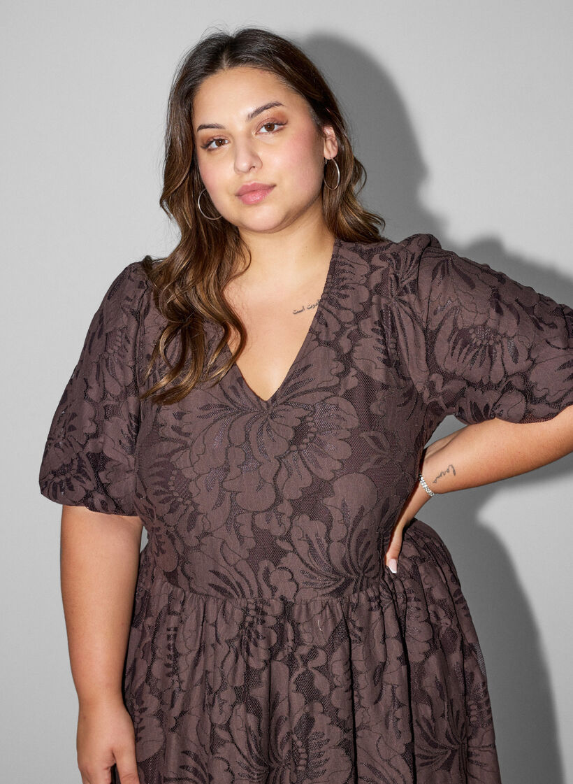 Midi-jurk met bloemenjacquard, Bruin, Model image number 2