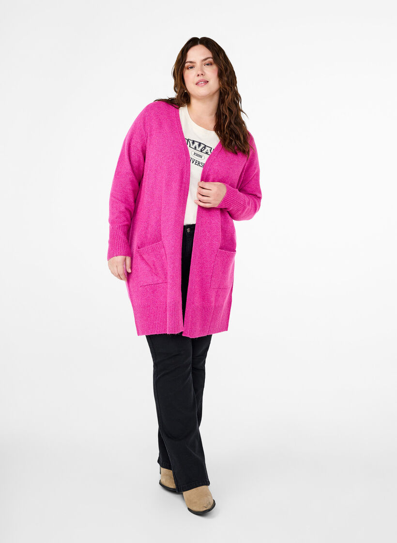 Geribd gebreid vest met zakken, Roze, Model image number 1