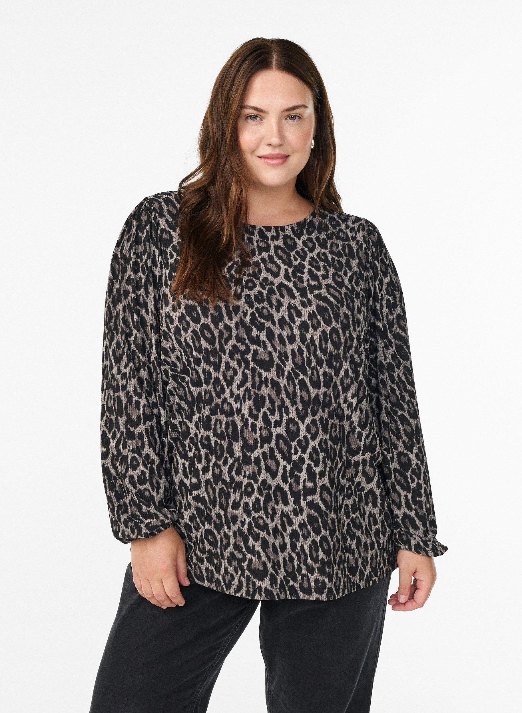 ZizziBlouse met lange mouwen en luipaardprint, Grijs, Model image number 0