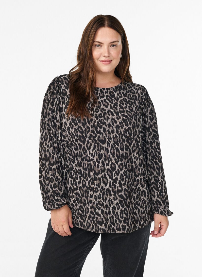 Blouse met lange mouwen en luipaardprint, Grijs, Model image number 0