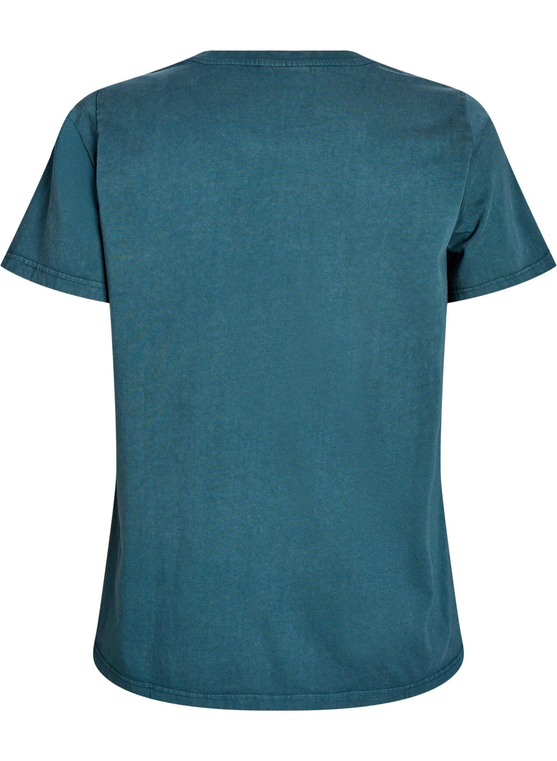 Zizzi T-shirt in biologische katoen met een gewassen look, Blauw, Packshot image number 1