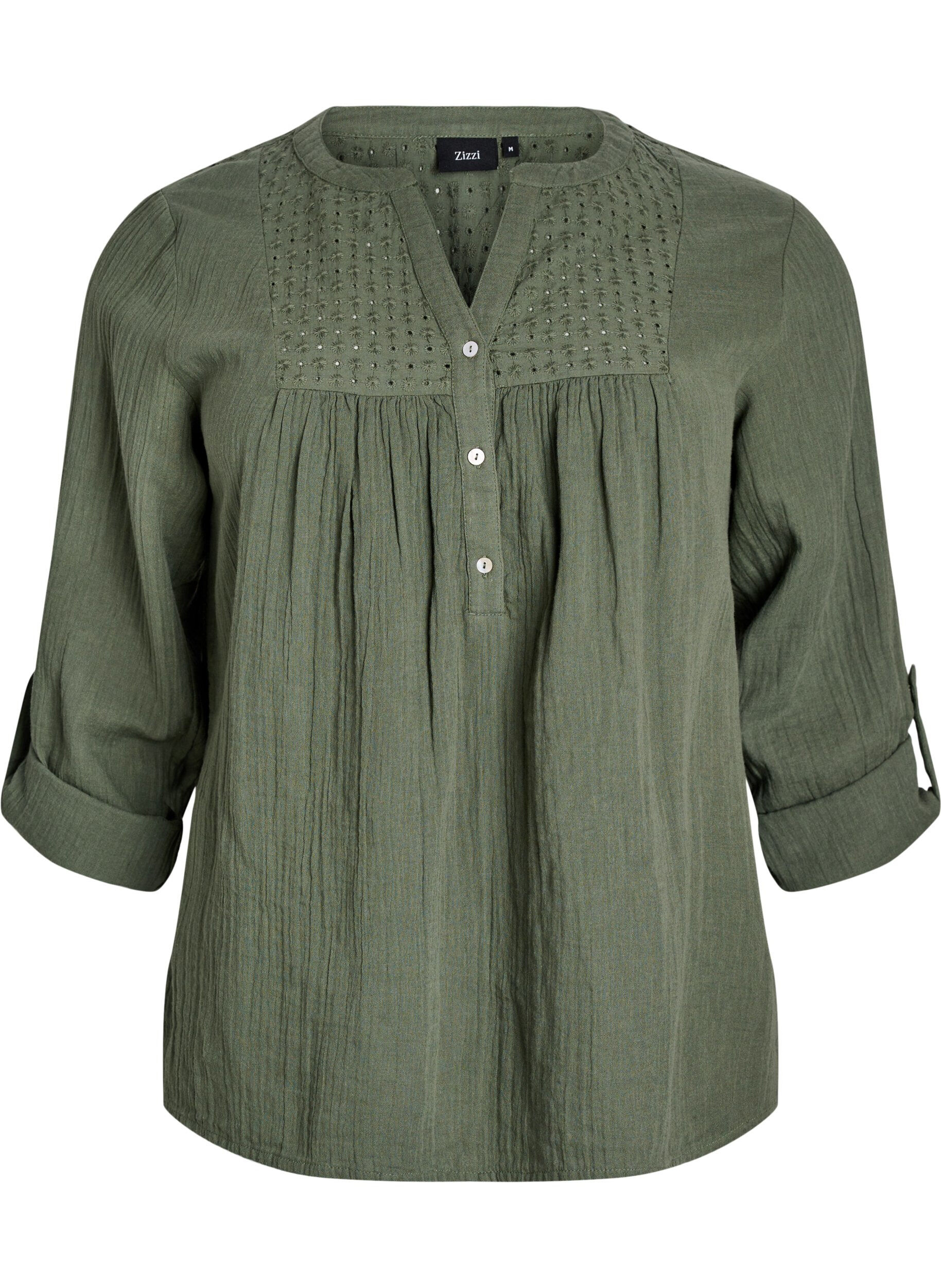 Zizzi Blouse in katoenen mousseline met broderie anglaise, Groen, Packshot image number 0