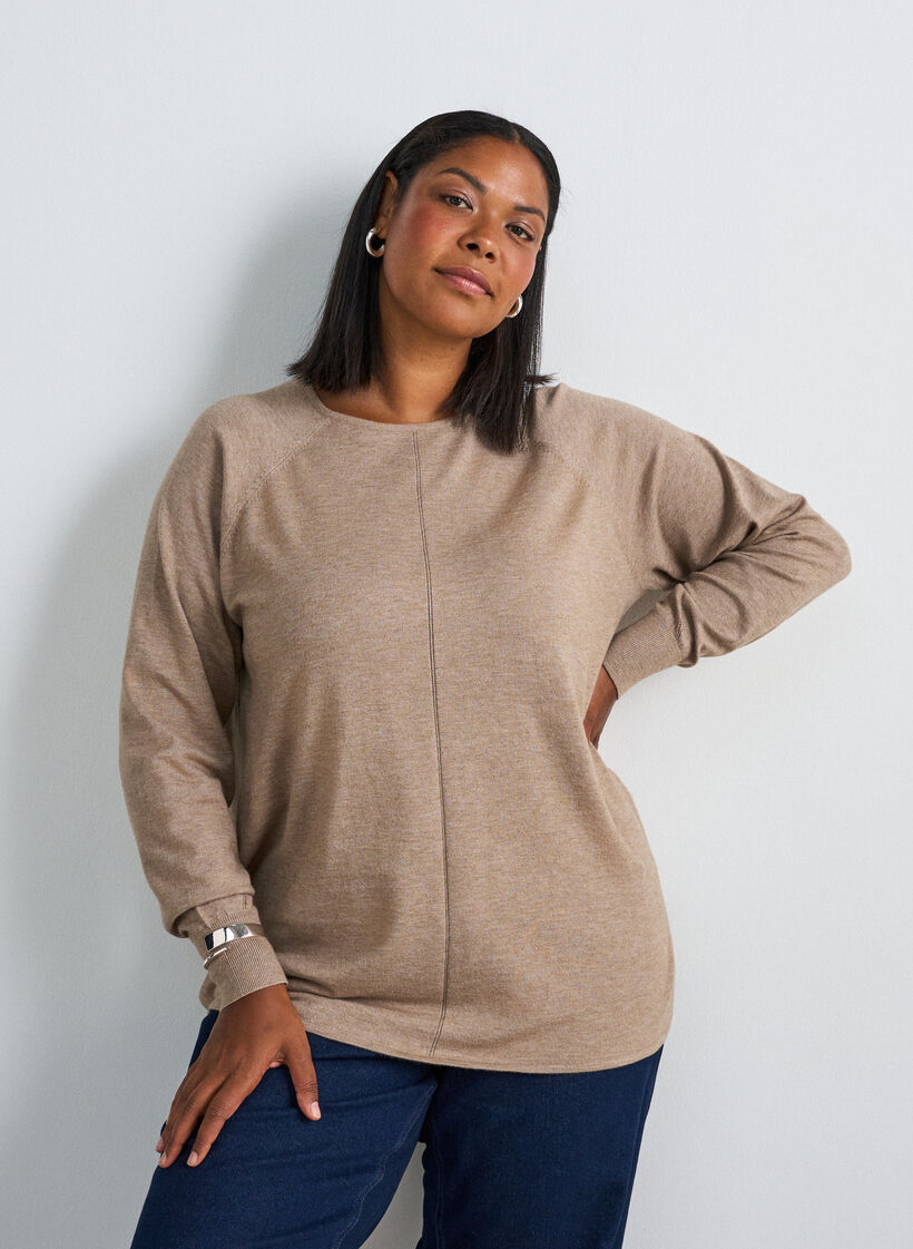 Gebreide top met ronde hals en ingebreid patroon, Beige, Model image number 0
