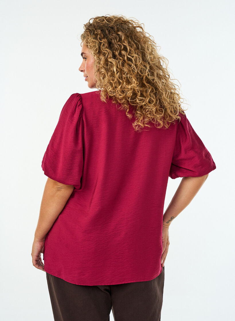 Blouse met ballonnenmouwen en V-hals, Rood, Model image number 2