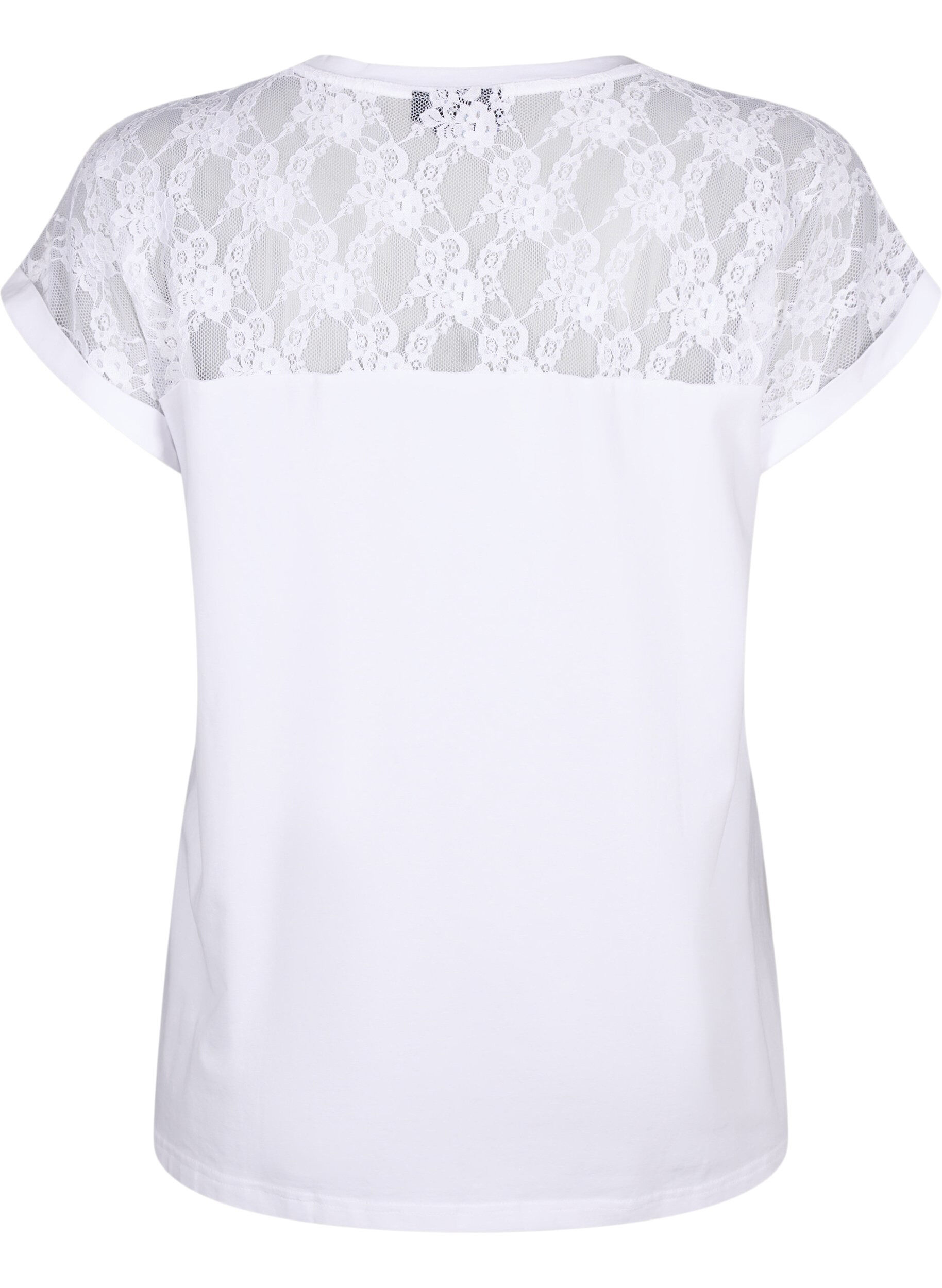 Zizzi Katoenen T-shirt met korte mouwen en kant, Bright White, Packshot image number 1