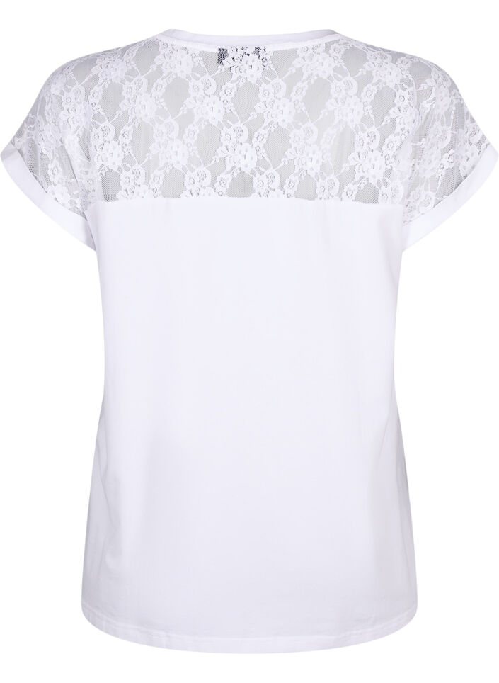 Katoenen T-shirt met korte mouwen en kant, Bright White, Packshot image number 1