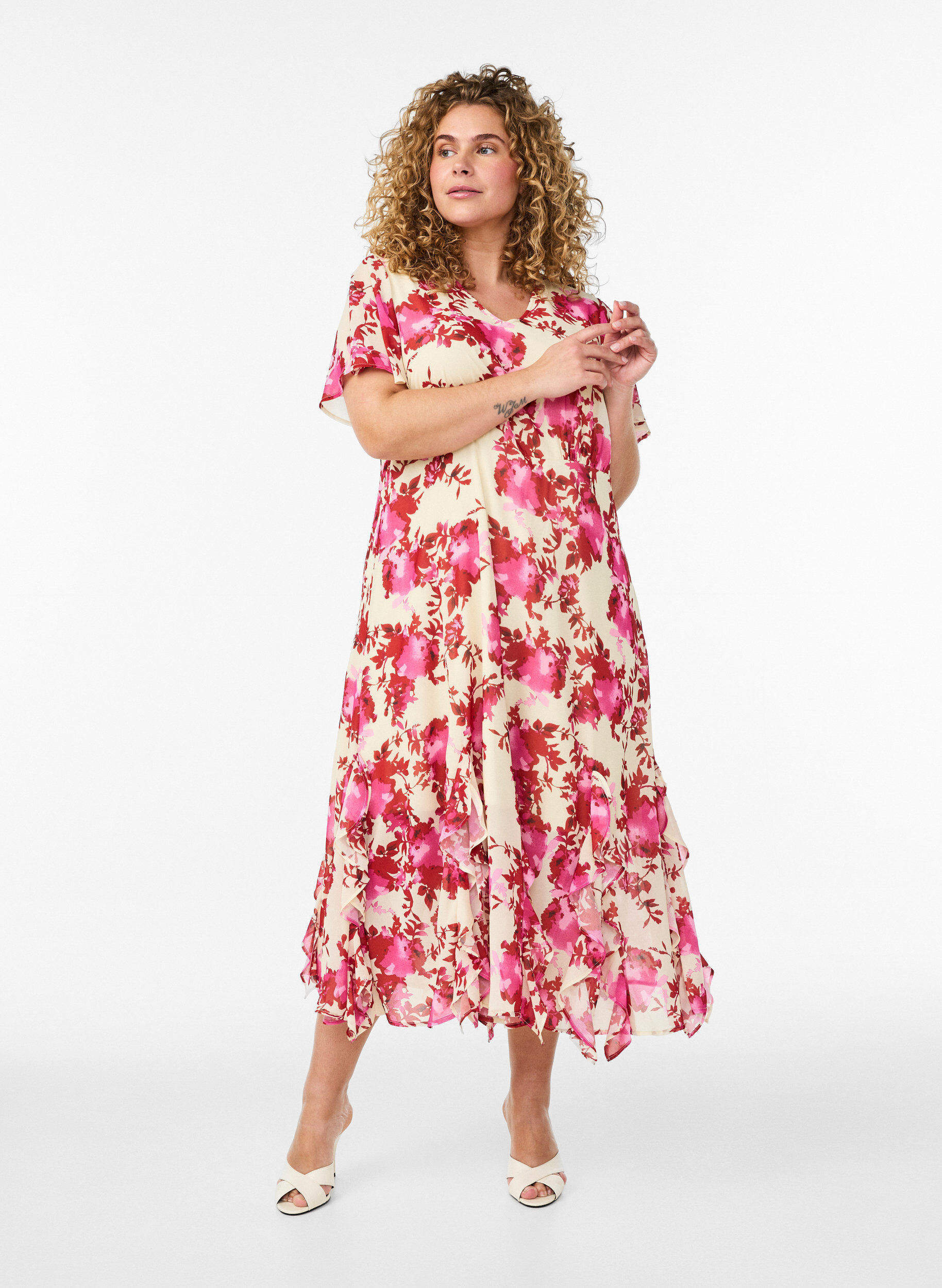 Bloemenprint chiffon jurk met ruches en een V-hals, 9990, Model
