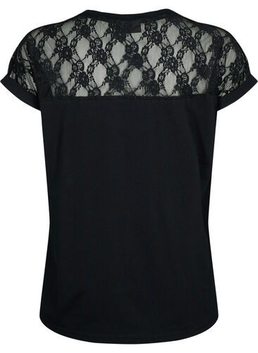 Katoenen t-shirt met korte mouwen en kant, Black, Packshot image number 1