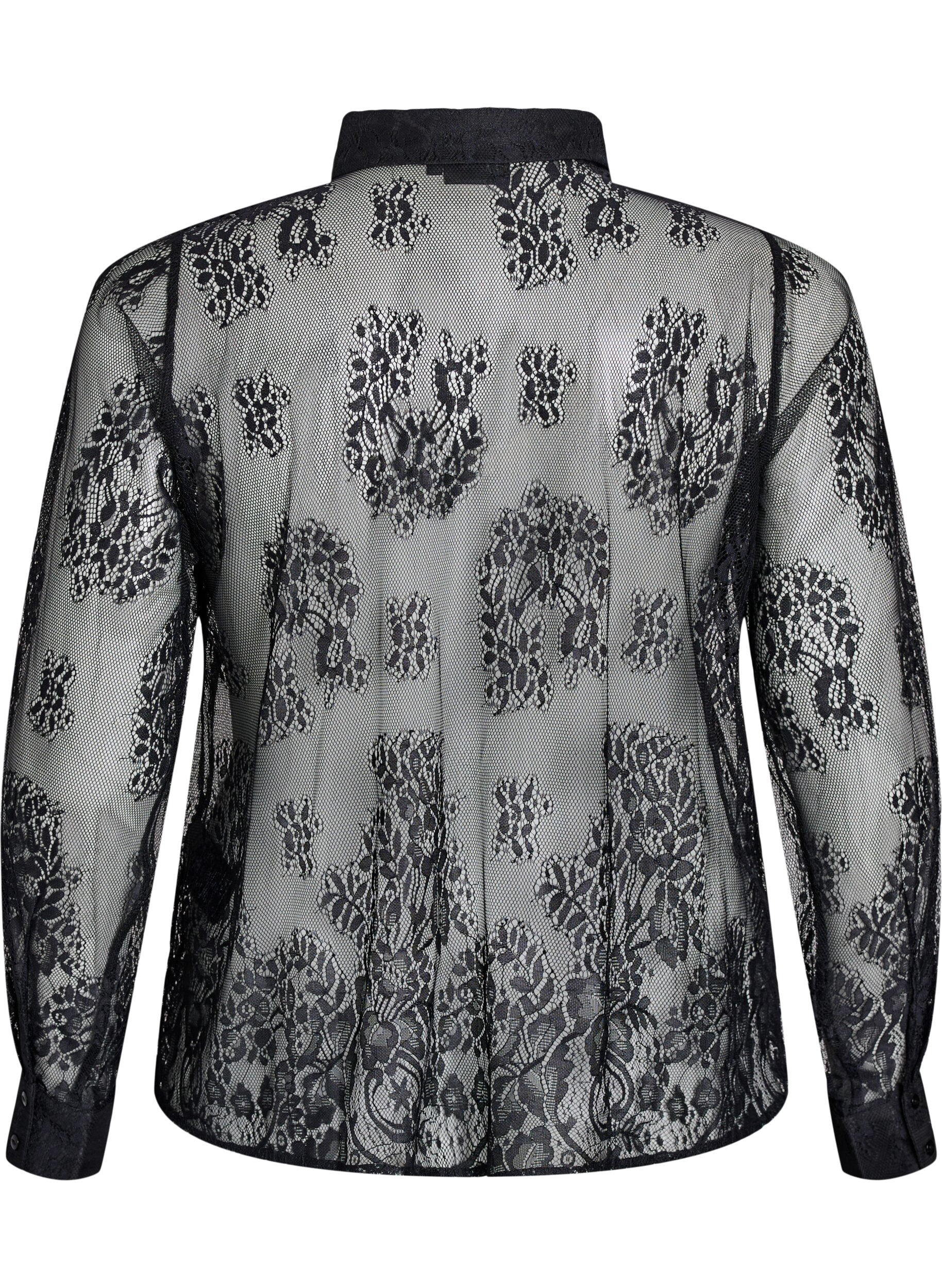 Zizzi Transparant kanten shirt met lange mouwen, Zwart, Packshot image number 1