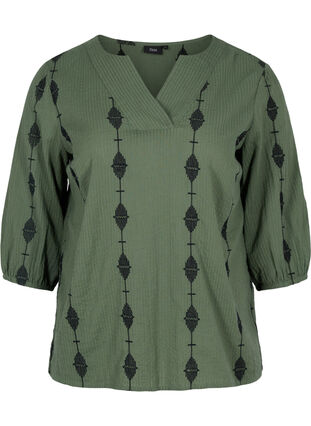 Gedessineerde blouse met v-snit en 3/4 mouwen, Thyme, Packshot image number 0