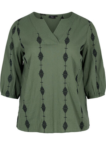 Gedessineerde blouse met v-snit en 3/4 mouwen