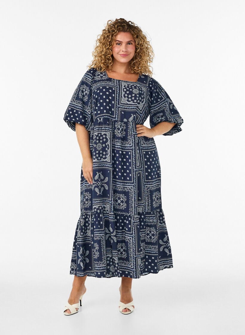 Enkel-lange jurk in viscose met paisleyprint en korte mouwen, Blauw, Model image number 0