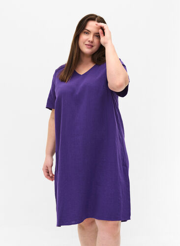 Katoenen jurk met korte mouwen en kanten details, Violet Indigo, Model image number 0