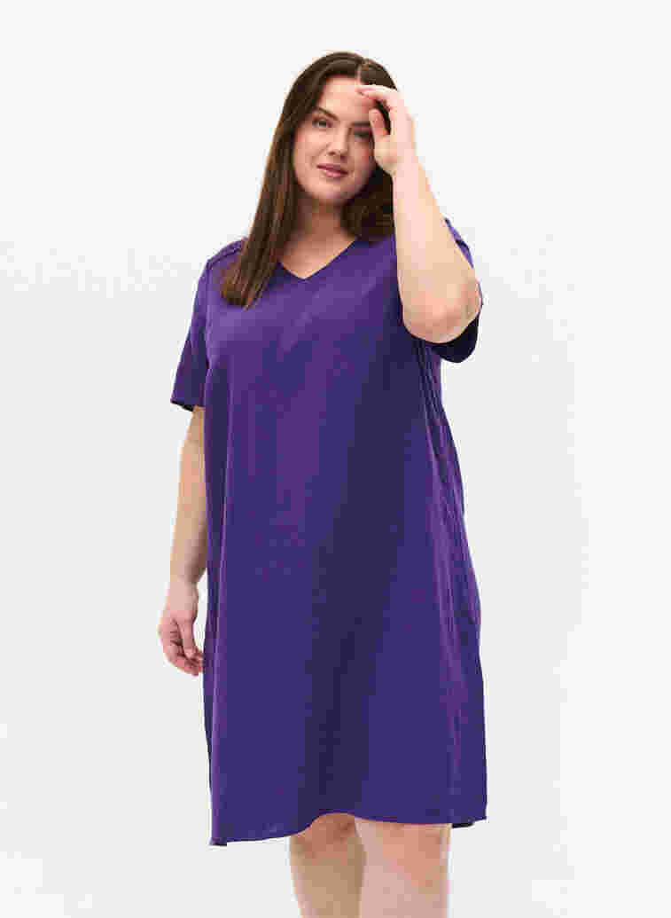 Katoenen jurk met korte mouwen en kanten details, Violet Indigo, Model image number 0