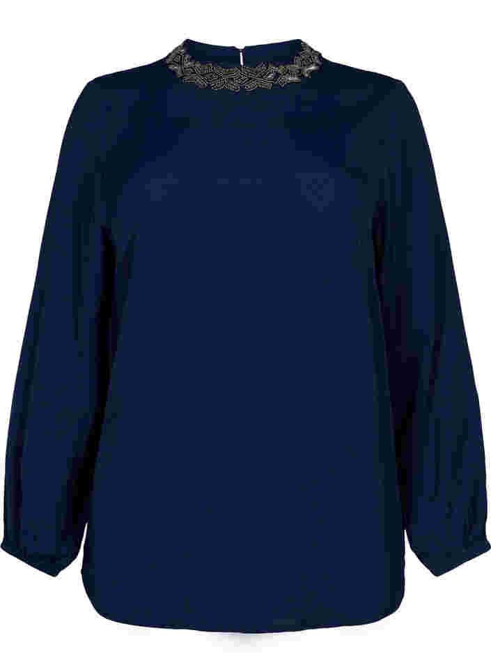 Viscose blouse met lange mouwen en parels, Navy Blazer, Packshot image number 0
