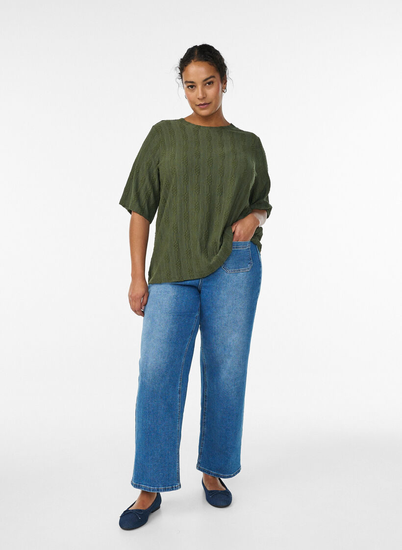 Blouse met structuurpatroon en korte mouwen, Groen, Model image number 1