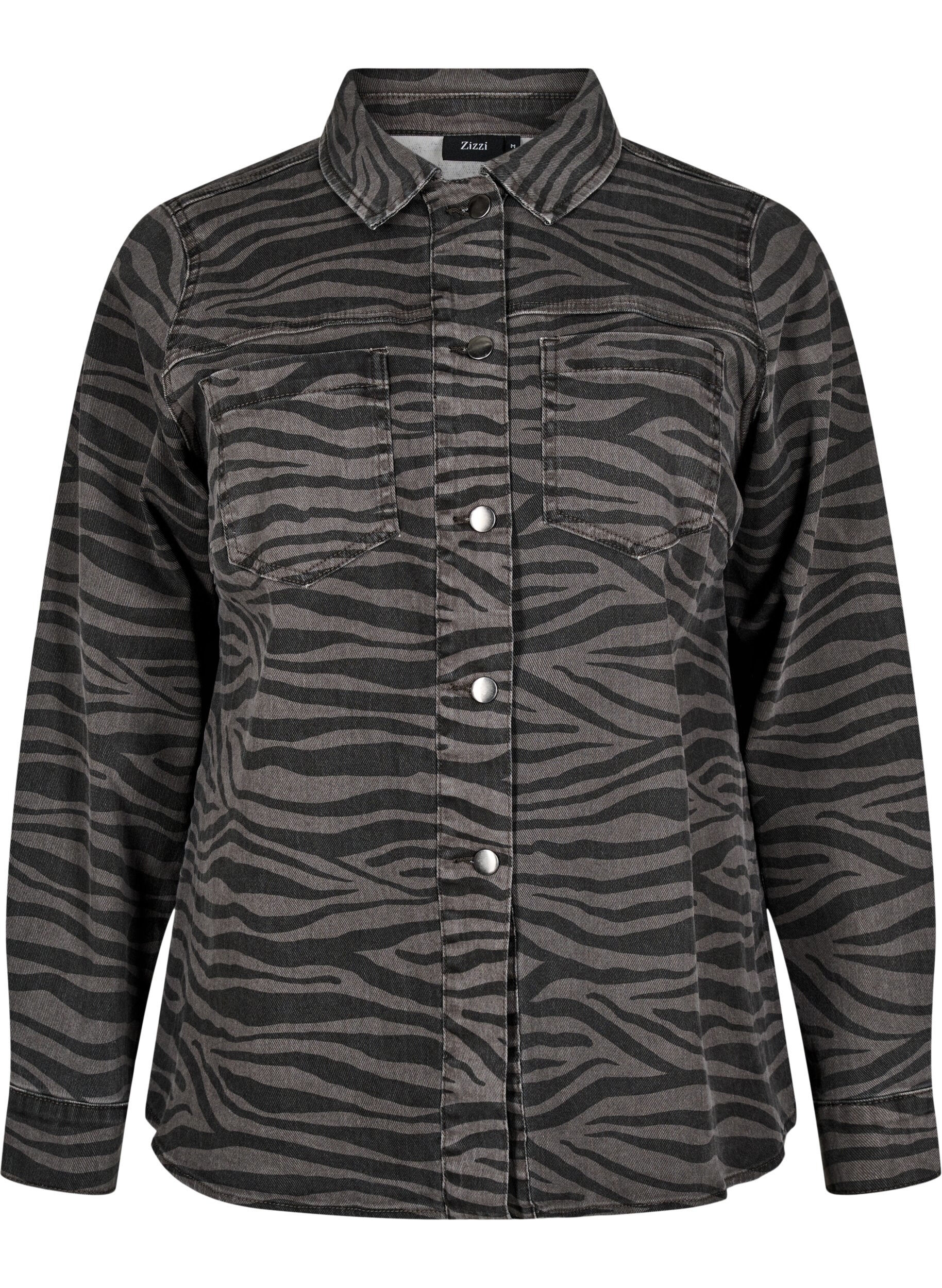 Zizzi Luipaardprint denim shirt met knopen, Zwart, Packshot image number 0