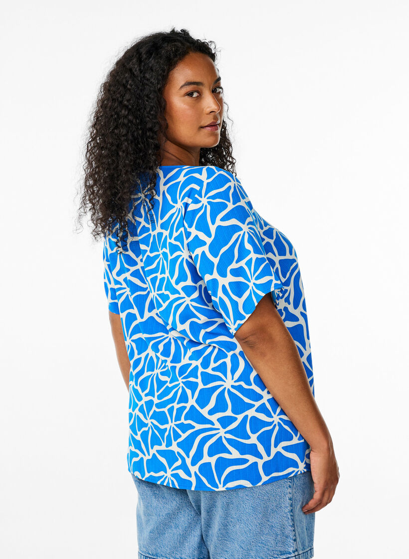 Blouse met korte mouwen en ronde hals, Blauw, Model image number 2
