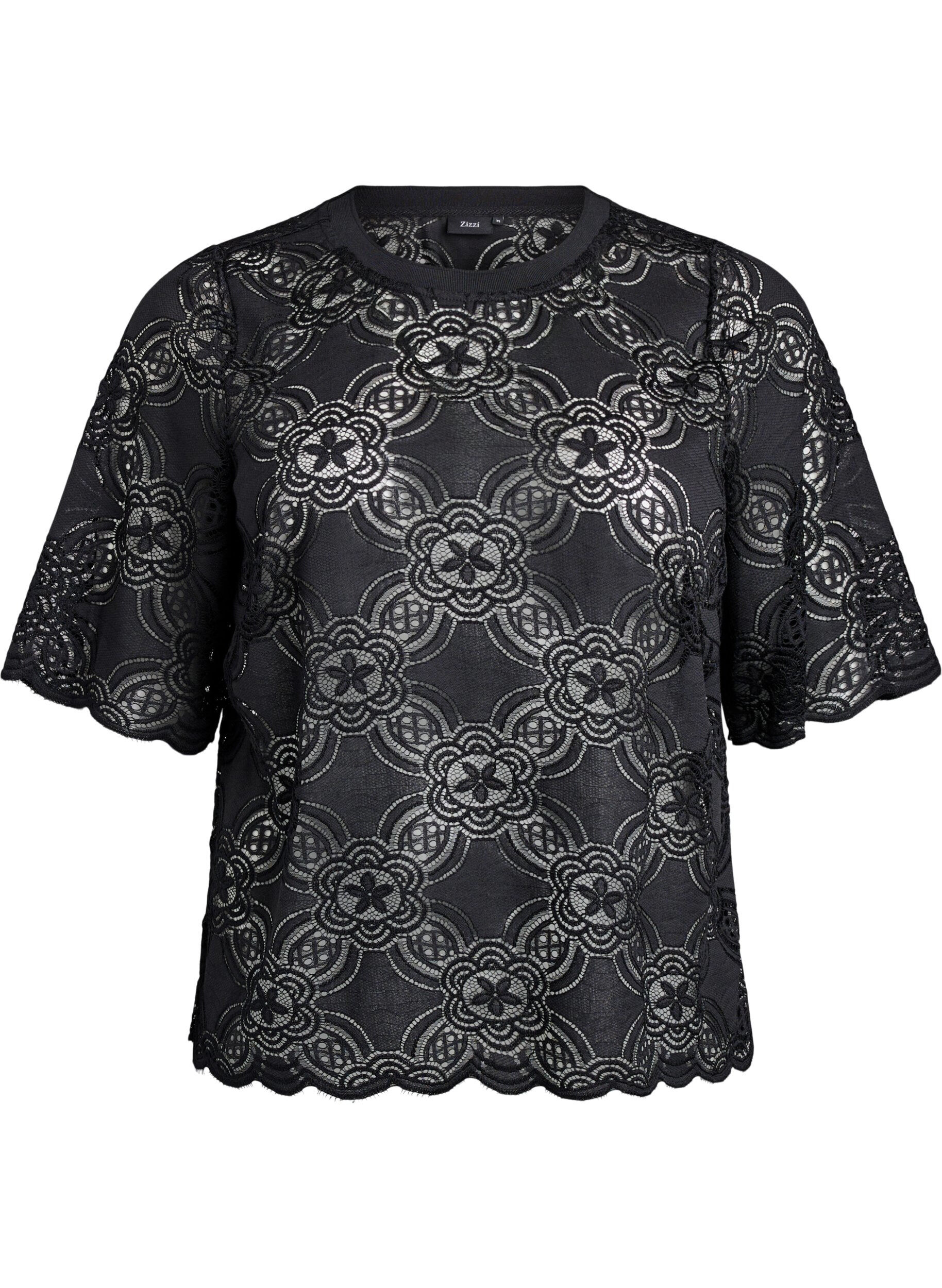 Zizzi Kanten blouse met een grafisch patroon en mouwen van 1/2 lengte, Zwart, Packshot image number 0
