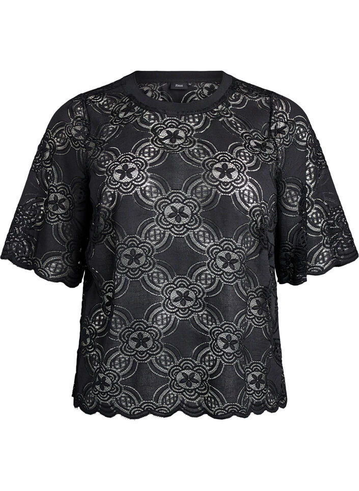 Kanten blouse met een grafisch patroon en mouwen van 1/2 lengte, Zwart, Packshot image number 0