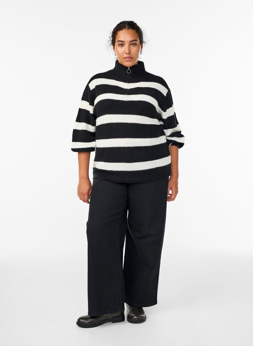 Gebreide trui met hoge hals en rits, Zwart, Model image number 1