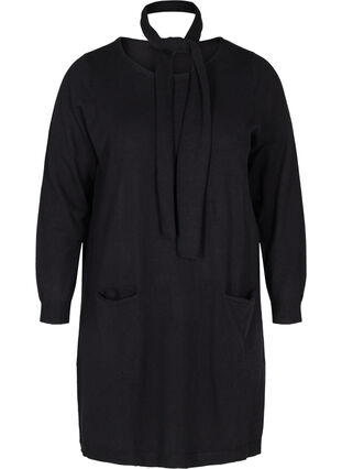 Gebreide jurk met lange mouwen en zakken, Black, Packshot image number 0