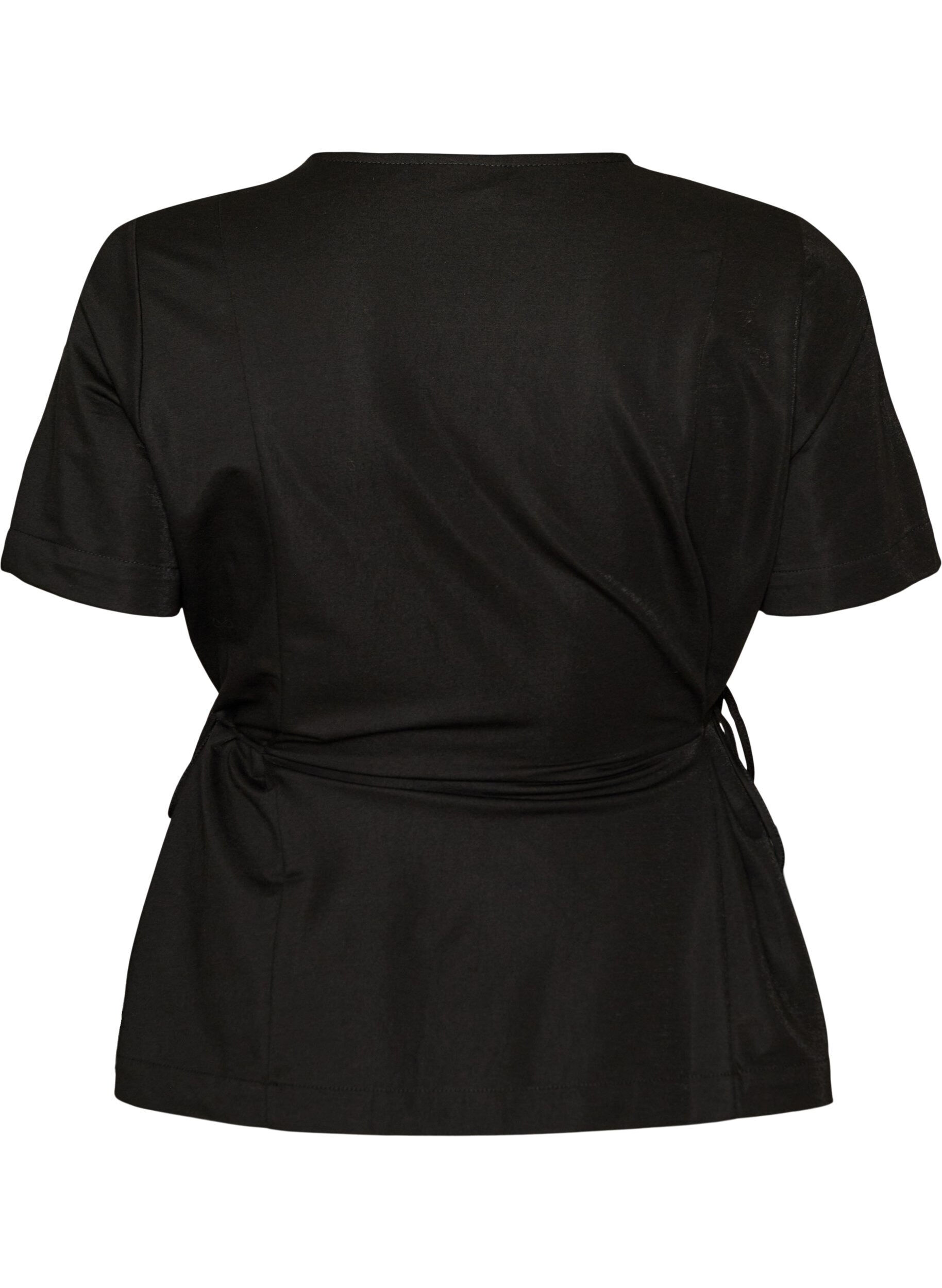 ZizziBlouse in een katoenmix met V-hals en striklint, Zwart, Packshot image number 1