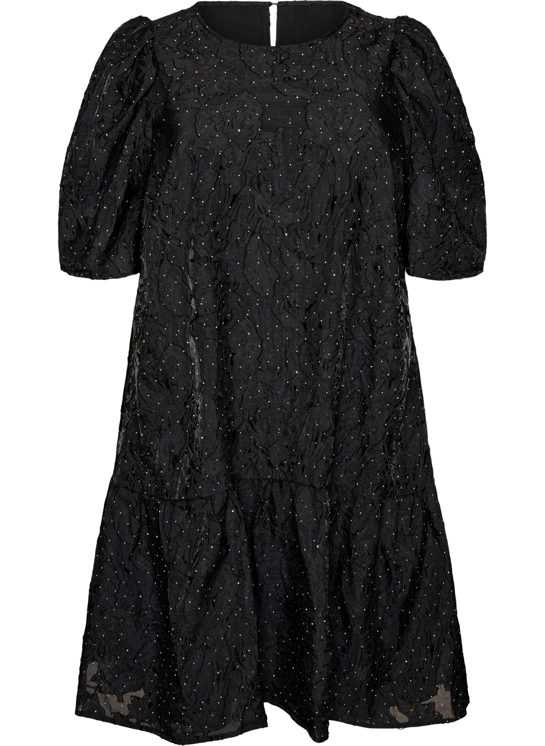 ZizziJacquard jurk met glanzende details en pofmouwen, Zwart, Packshot image number 0