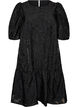 Jacquard jurk met glanzende details en pofmouwen, Zwart, Packshot image number 0