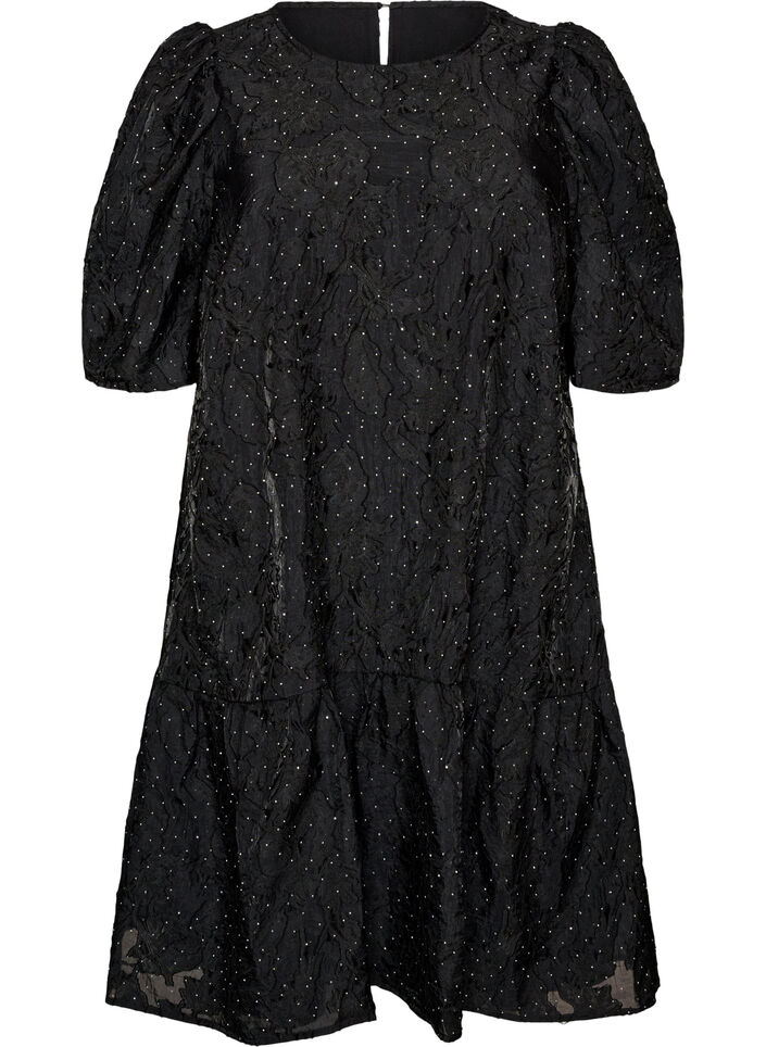 Jacquard jurk met glanzende details en pofmouwen, Zwart, Packshot image number 0