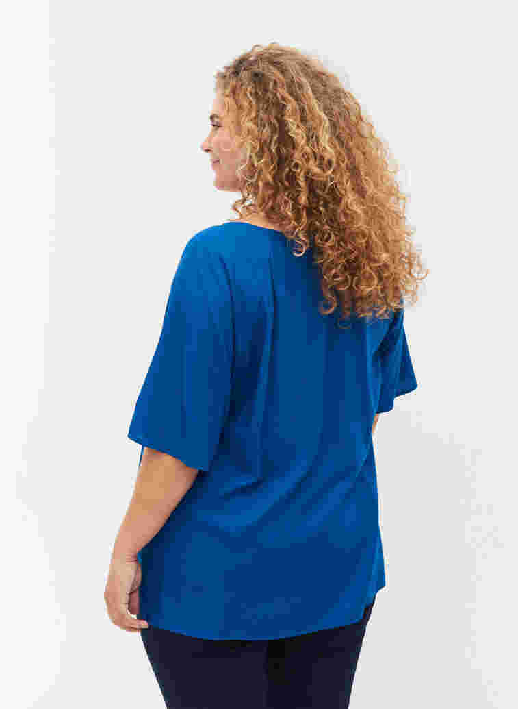 Viscose blouse met korte mouwen en touwtjes detail, Classic Blue, Model image number 1