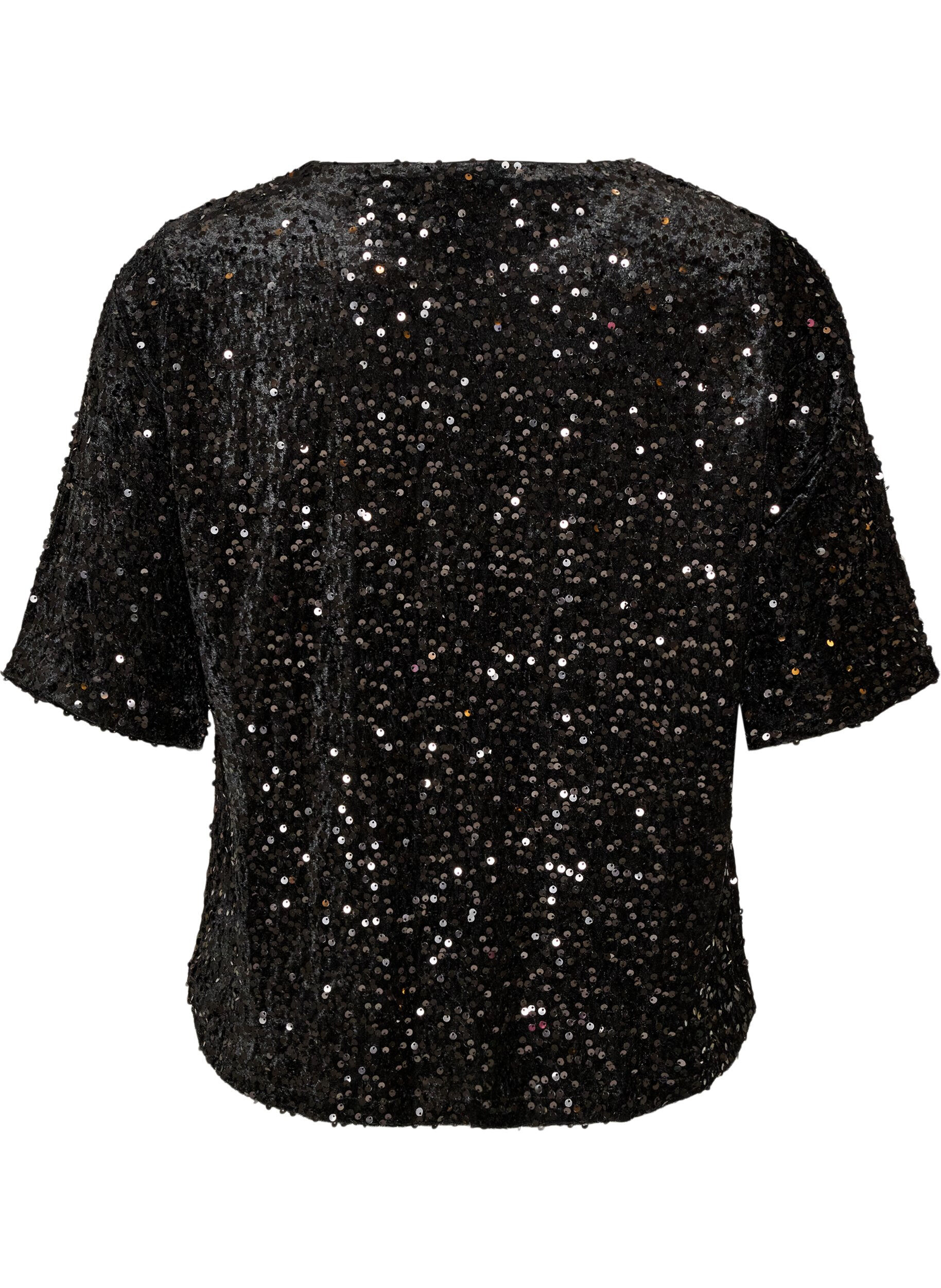 ZizziPaillettenblouse met mouwen tot de elleboog, Zwart, Packshot image number 1