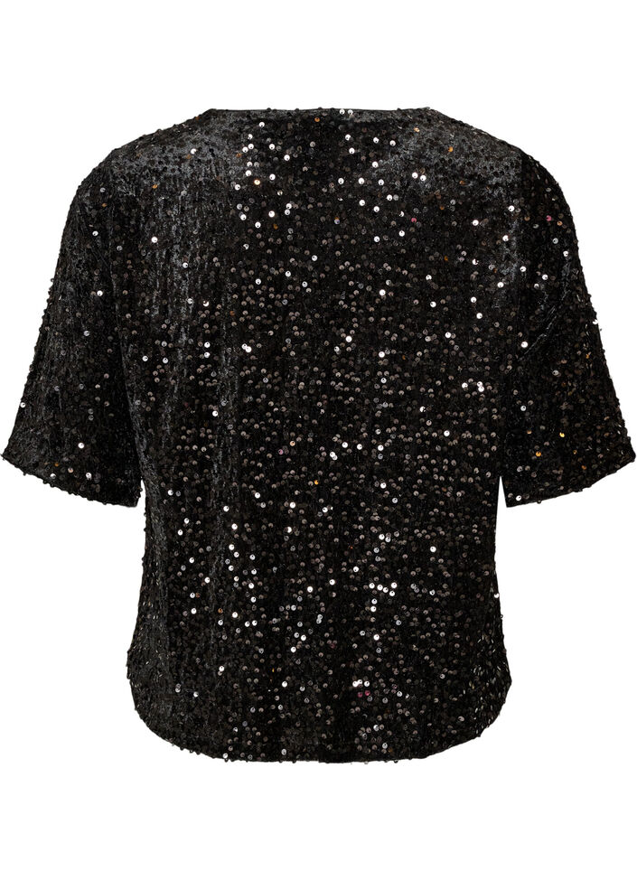 Paillettenblouse met mouwen tot de elleboog, Zwart, Packshot image number 1