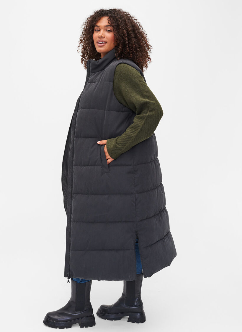 Lang vest met hoge kraag en zakken, Black, Model image number 1