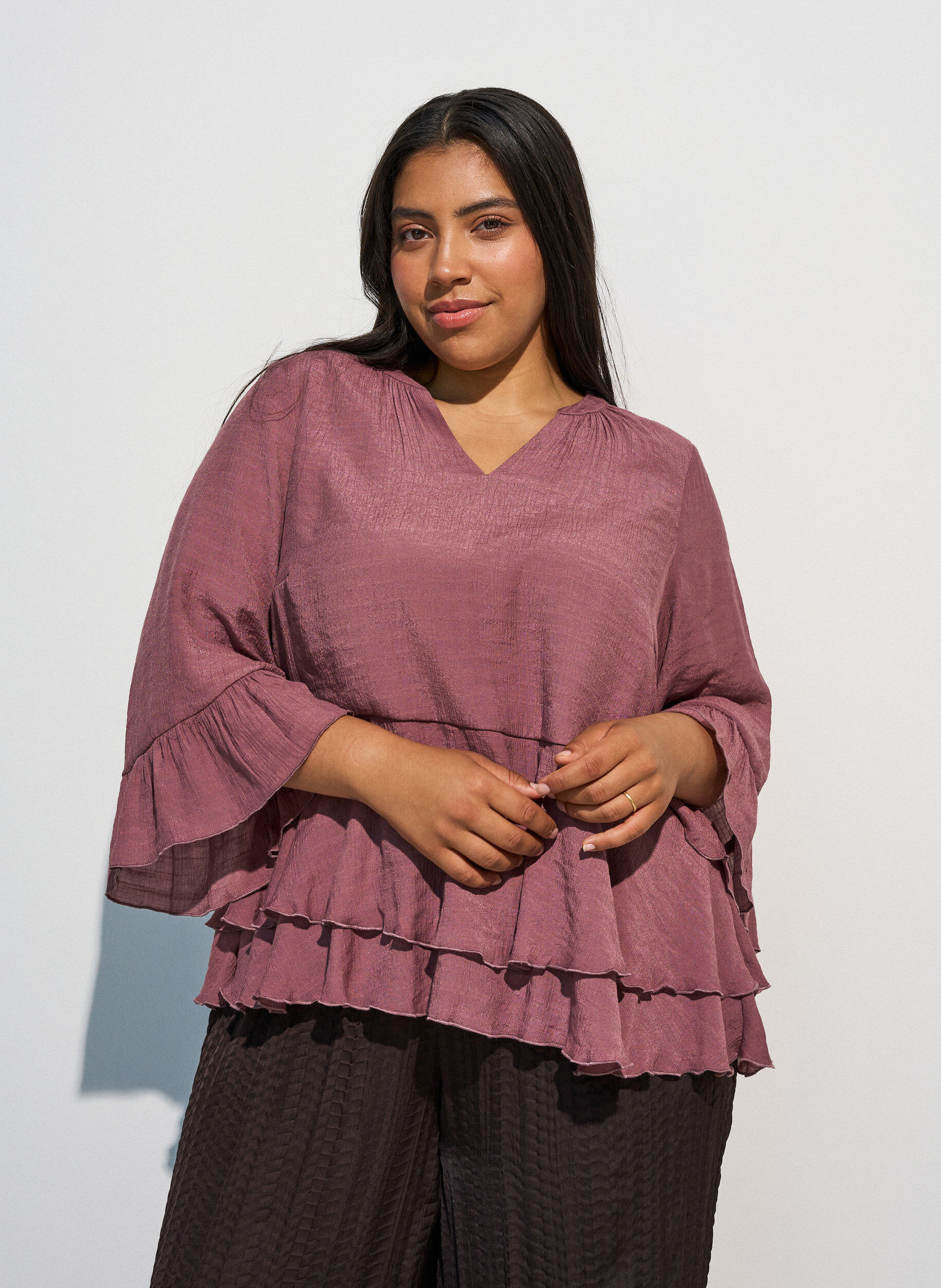 Blouse met 3/4-mouwen en ruchesdetails, Roze, Model
