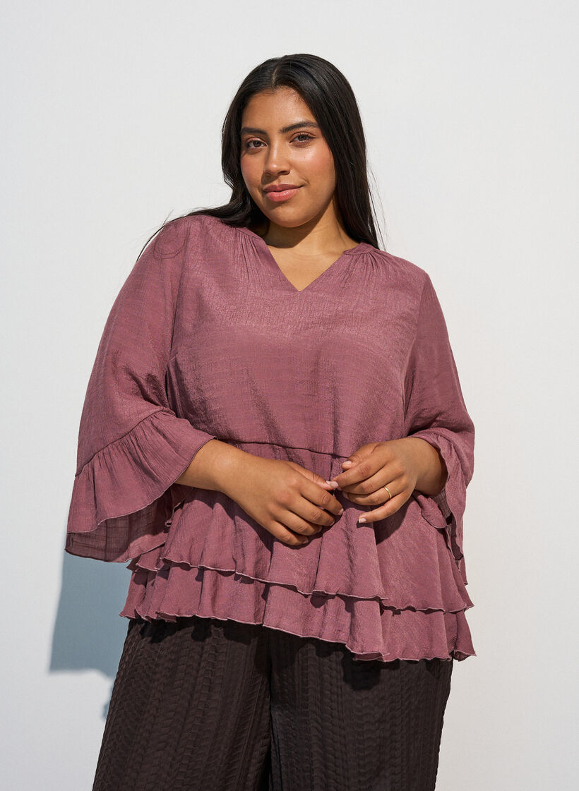 Blouse met 3/4-mouwen en ruchesdetails, Roze, Model image number 0