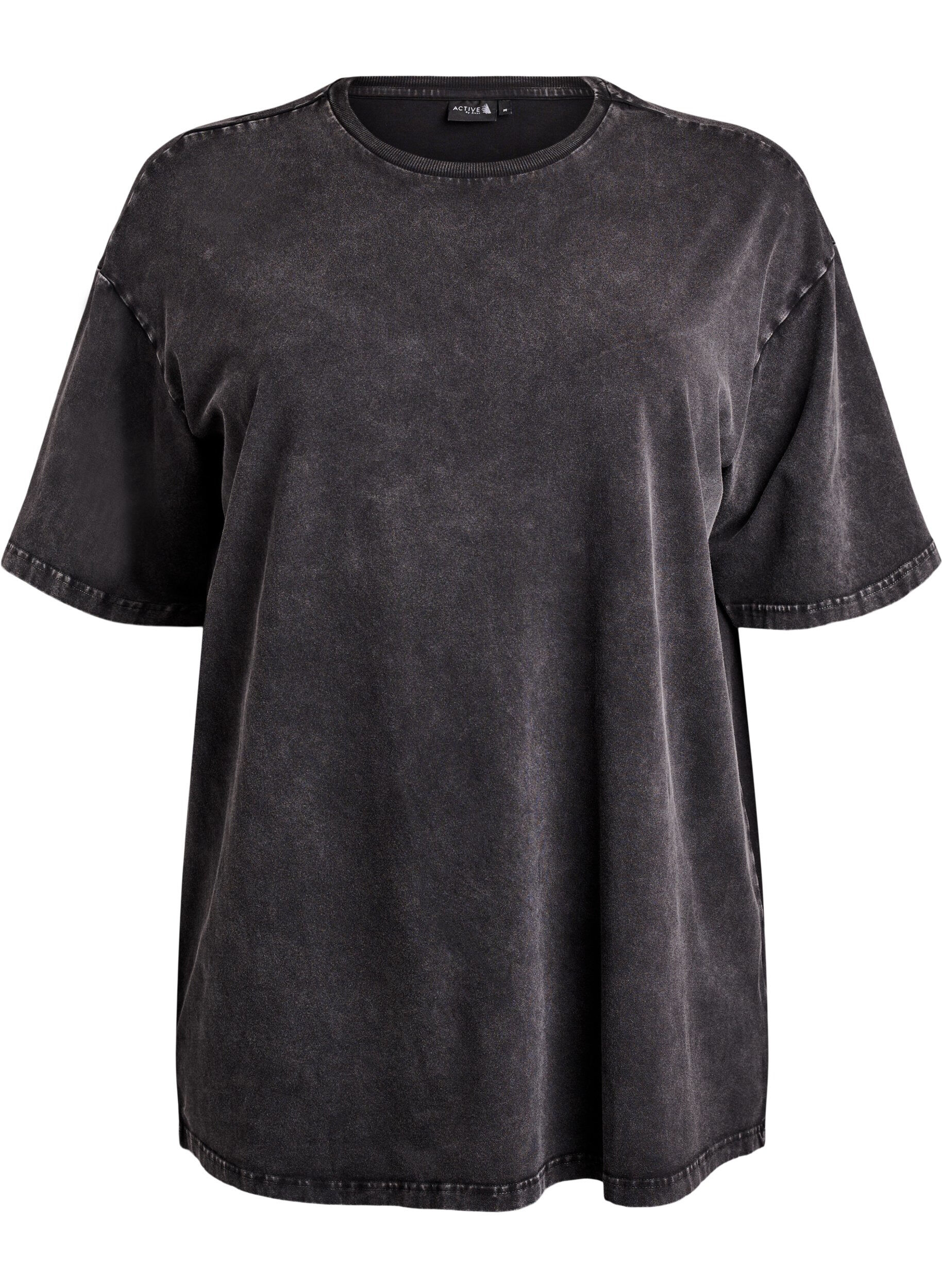 Zizzi Sporty katoenen T-shirt met een gewassen effect, Zwart, Packshot image number 0