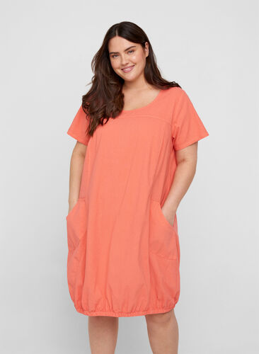 Katoenen jurk met korte mouwen, Hot Coral, Model image number 0