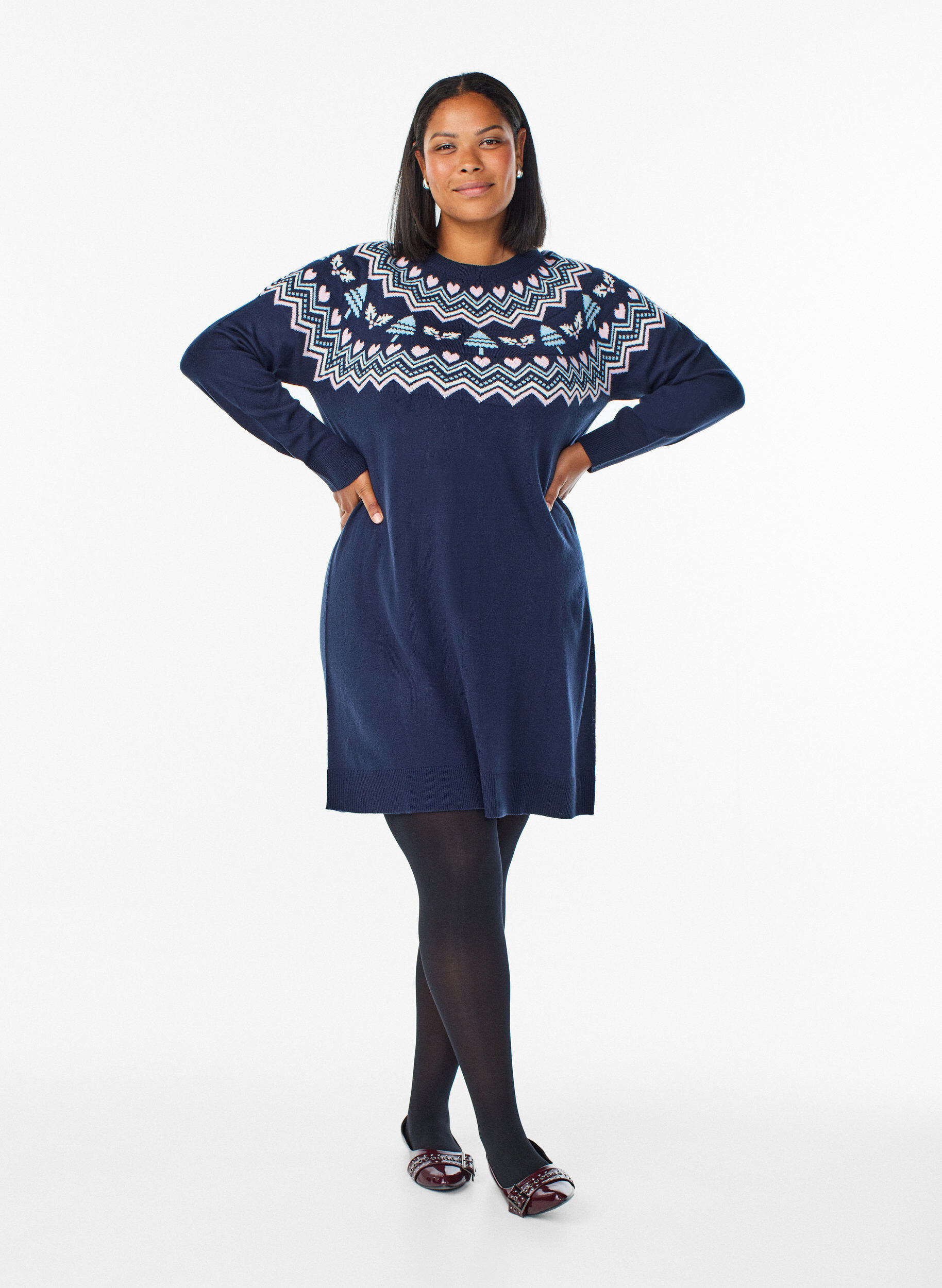 Zizzi Korte gebreide jurk met jacquardpatroon en kerstmotieven, Blauw, Model image number 1