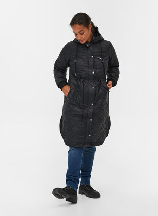 Gewatteerde lichte jas met capuchon, Black, Model image number 3