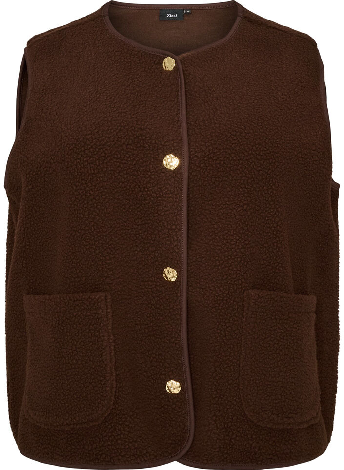 Teddy gilet met knopen en zakken, Bruin, Packshot image number 0