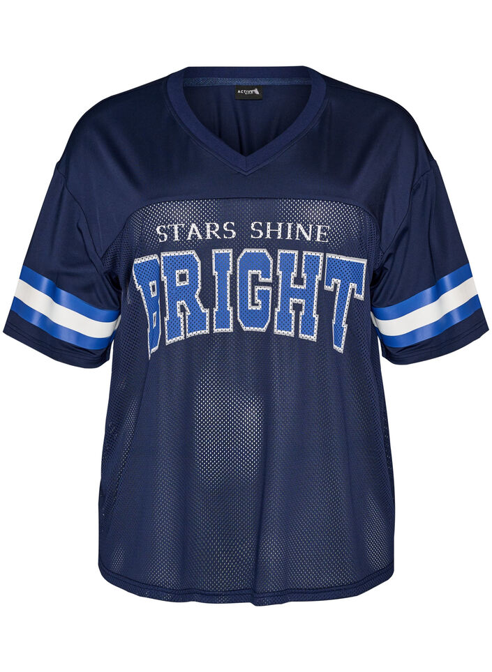 Workout T-shirt met V-hals en frontprint, Blauw, Packshot