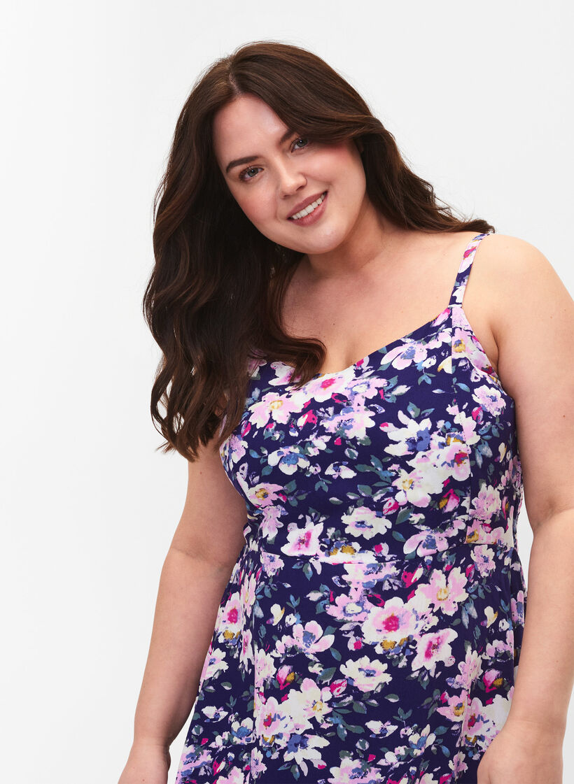 Gebloemde viscose strappy jurk met smock, Blue Flower, Model image number 3