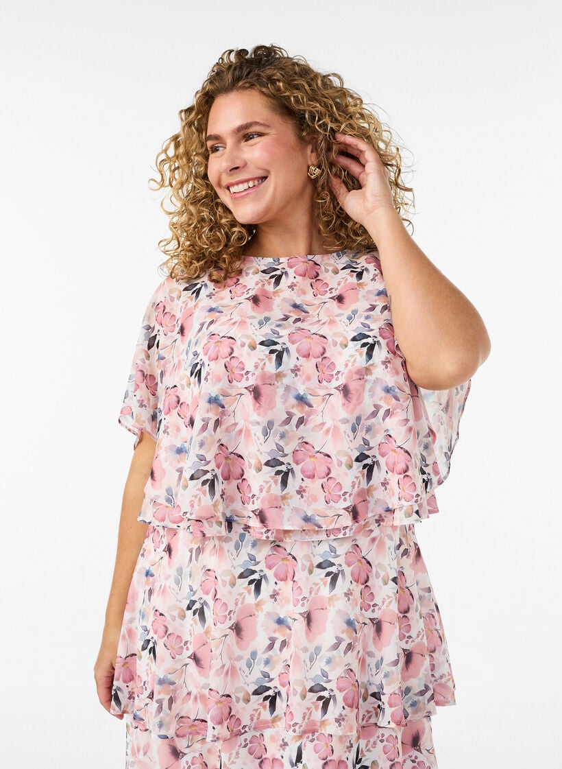 Maxi jurk met ruches en afneembare cape, Wit, Model image number 3