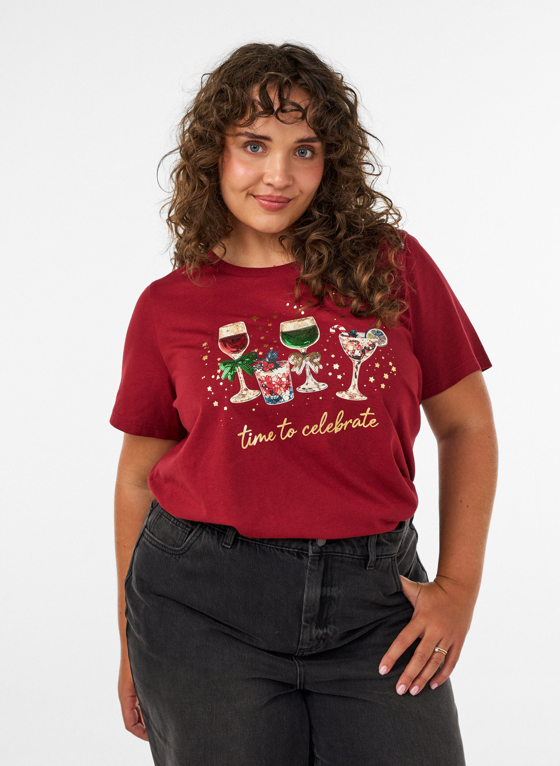 Kerst T-shirt van biologisch katoen, Rood, Model
