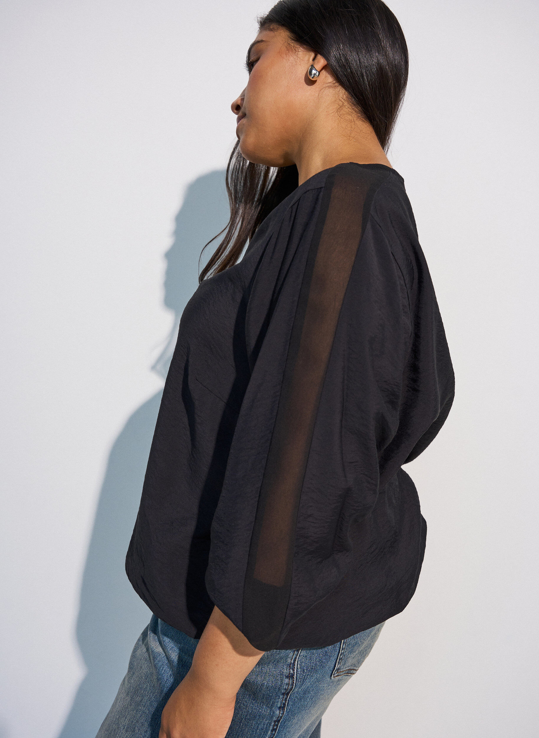 ZizziBlouse met balloneffect en chiffondetails, Zwart, Model image number 3
