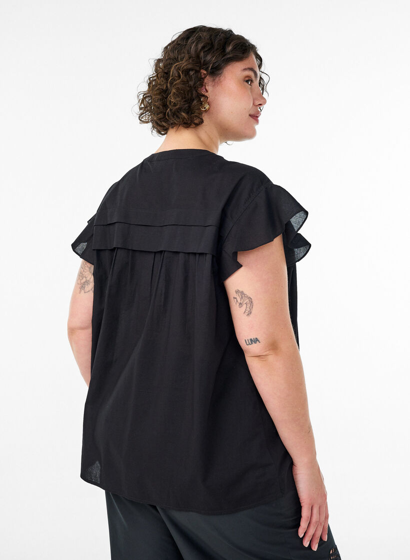 Mouwloze A-lijn katoenen blouseshirt, Zwart, Model image number 2